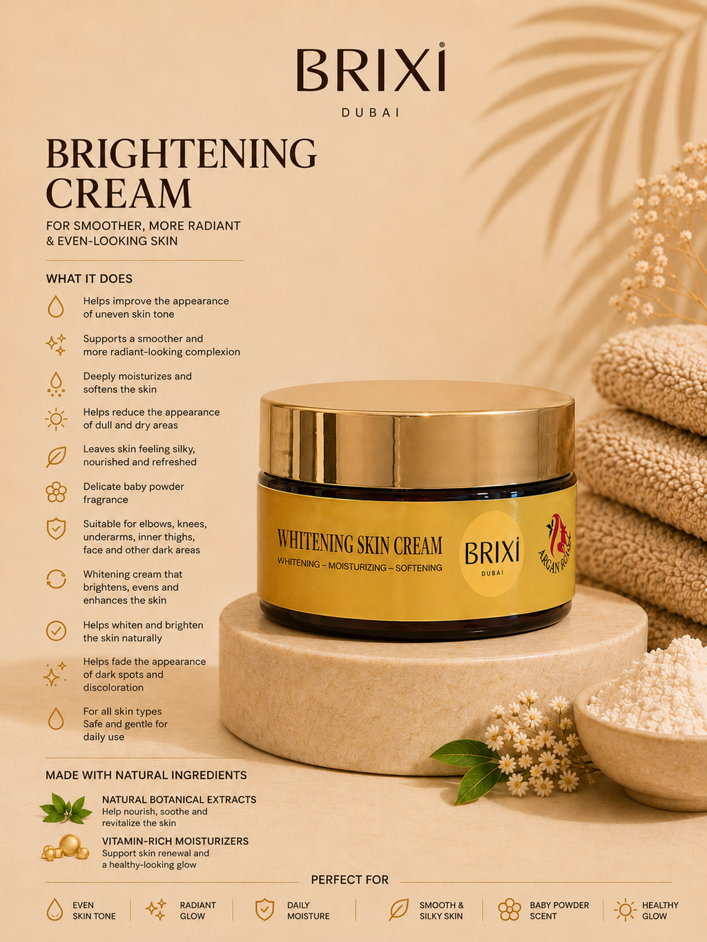 BRIXI Brightening Cream jar with gold lid and product benefits