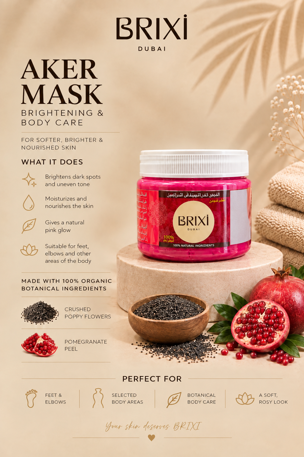 BRIXI Aker Mask pink jar with white lid, featured ingredients and body care benefits