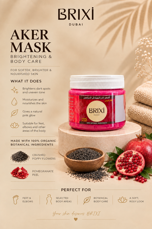 BRIXI Aker Mask pink jar with white lid, featured ingredients and body care benefits