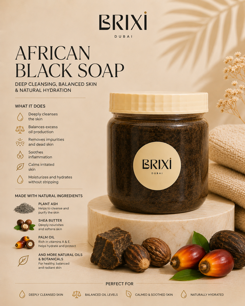 BRIXI Dubai African Black Soap in a jar with a gold lid, with featured ingredients and product benefits.