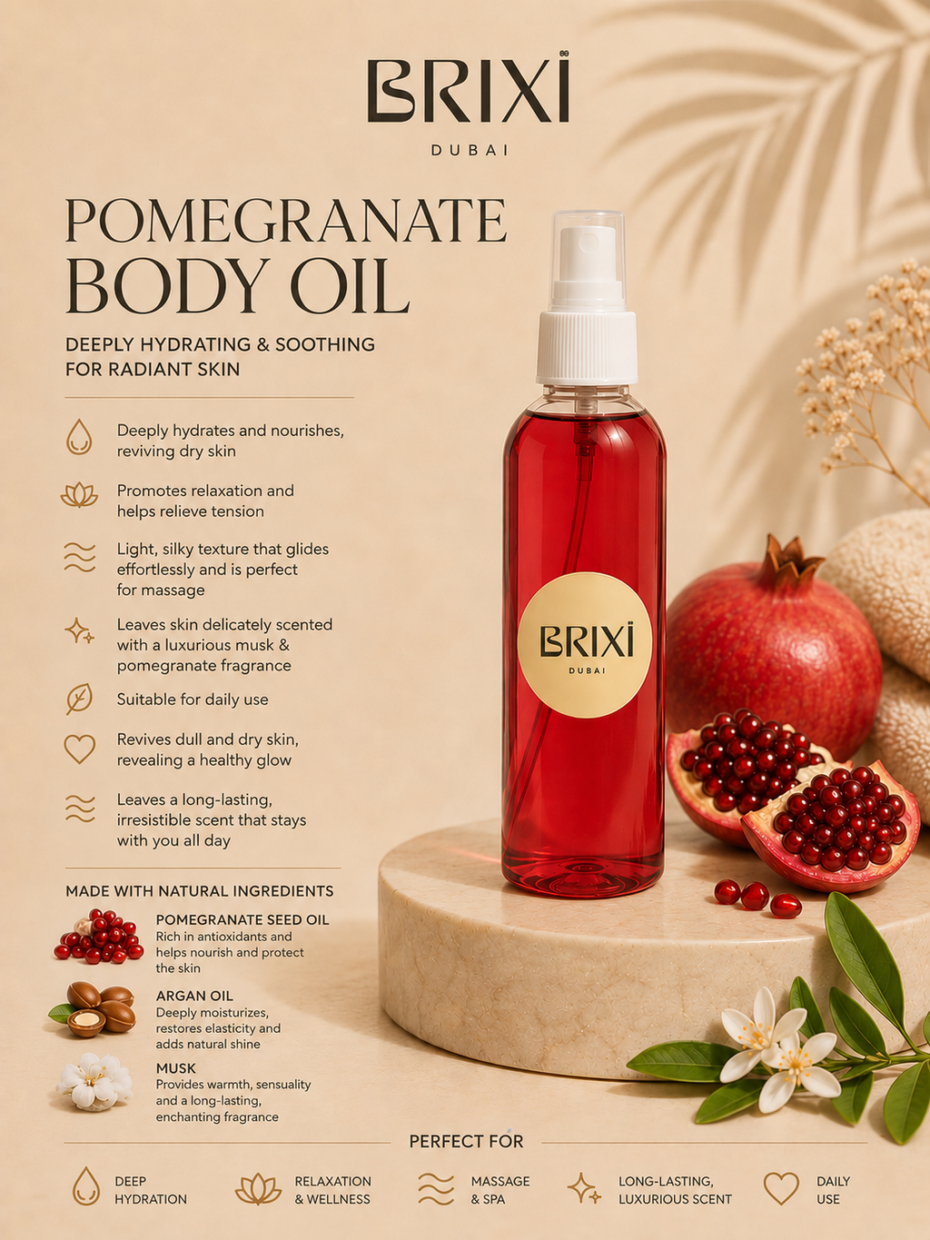 BRIXI Pomegranate Body Oil bottle with product benefits and featured ingredients
