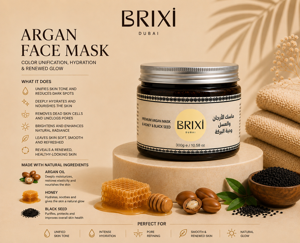 BRIXI Argan Face Mask with honey and black seed, 300 g, with featured ingredients and benefits