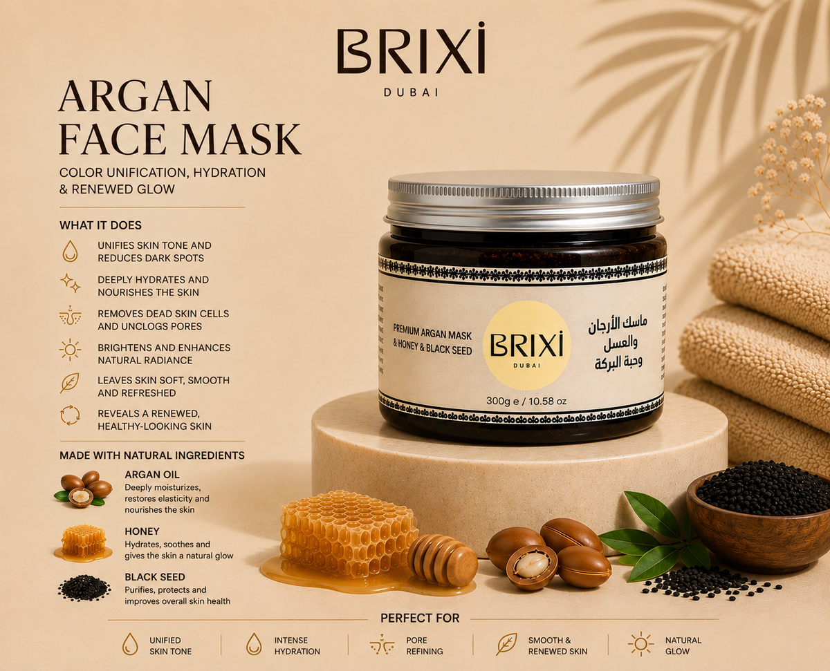 BRIXI Argan Face Mask with honey and black seed, 300 g, with featured ingredients and benefits