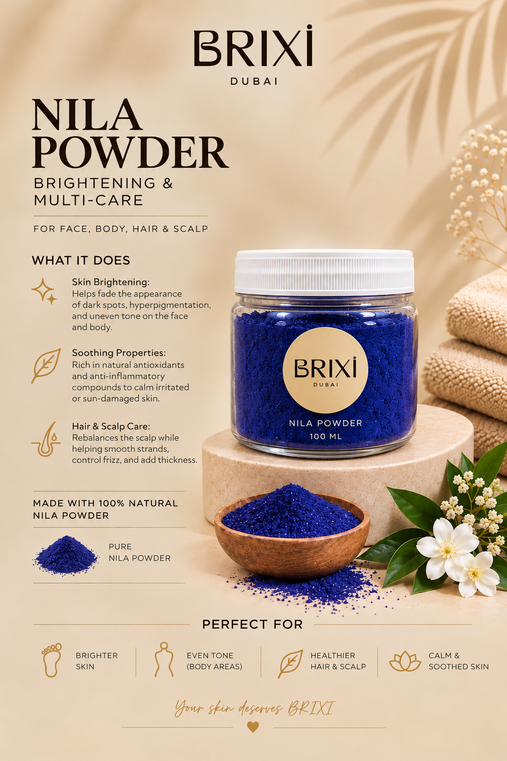 BRIXI Nila Powder 100 ml in a clear jar with white lid, showing blue powder and product benefits