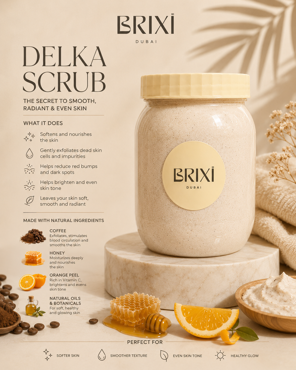 Delka Scrub från BRIXI Dubai i burk med produktinformation